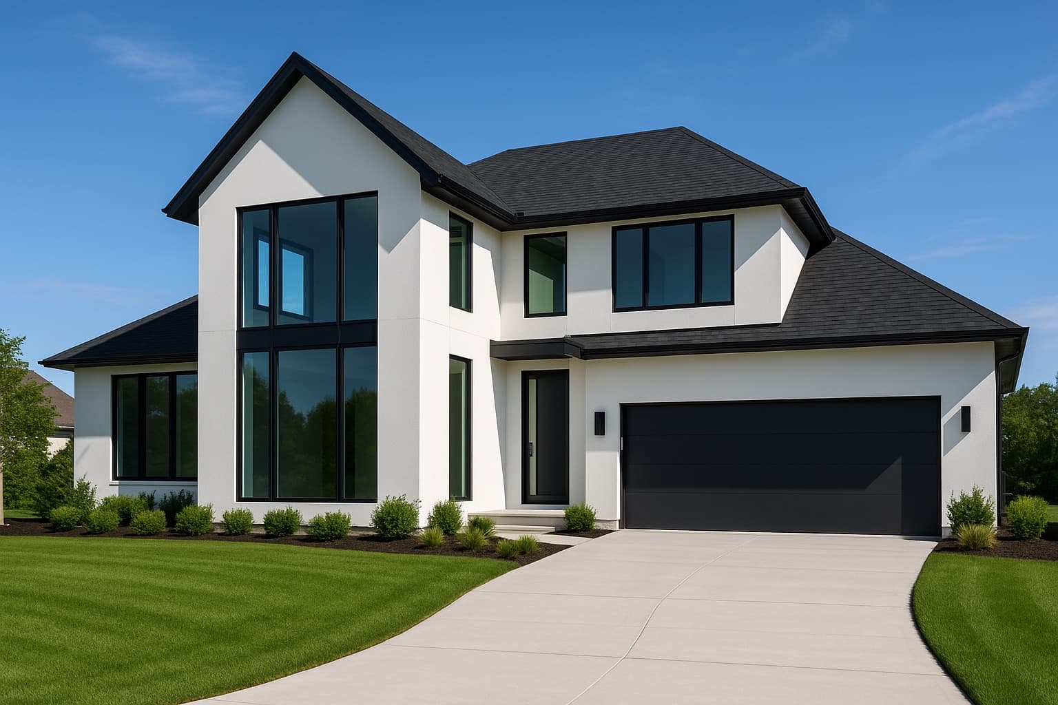 Modern white two-story home with black roof and tall windows under a clear sky