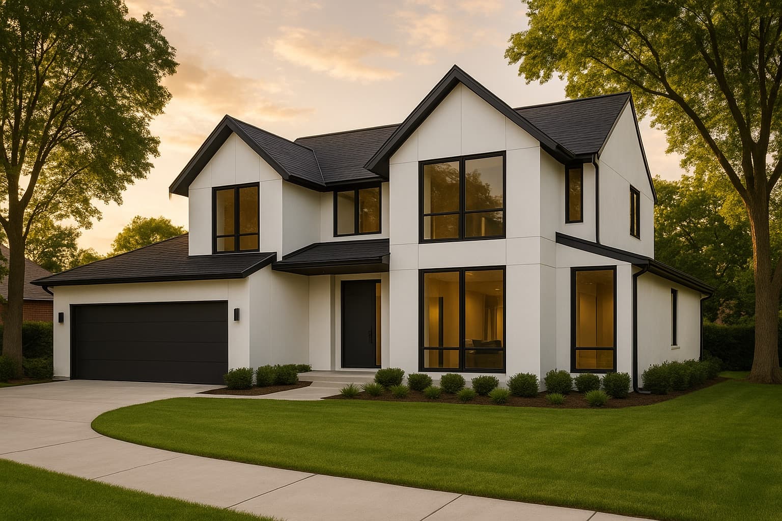 Modern two-story home with warmly lit windows at dusk